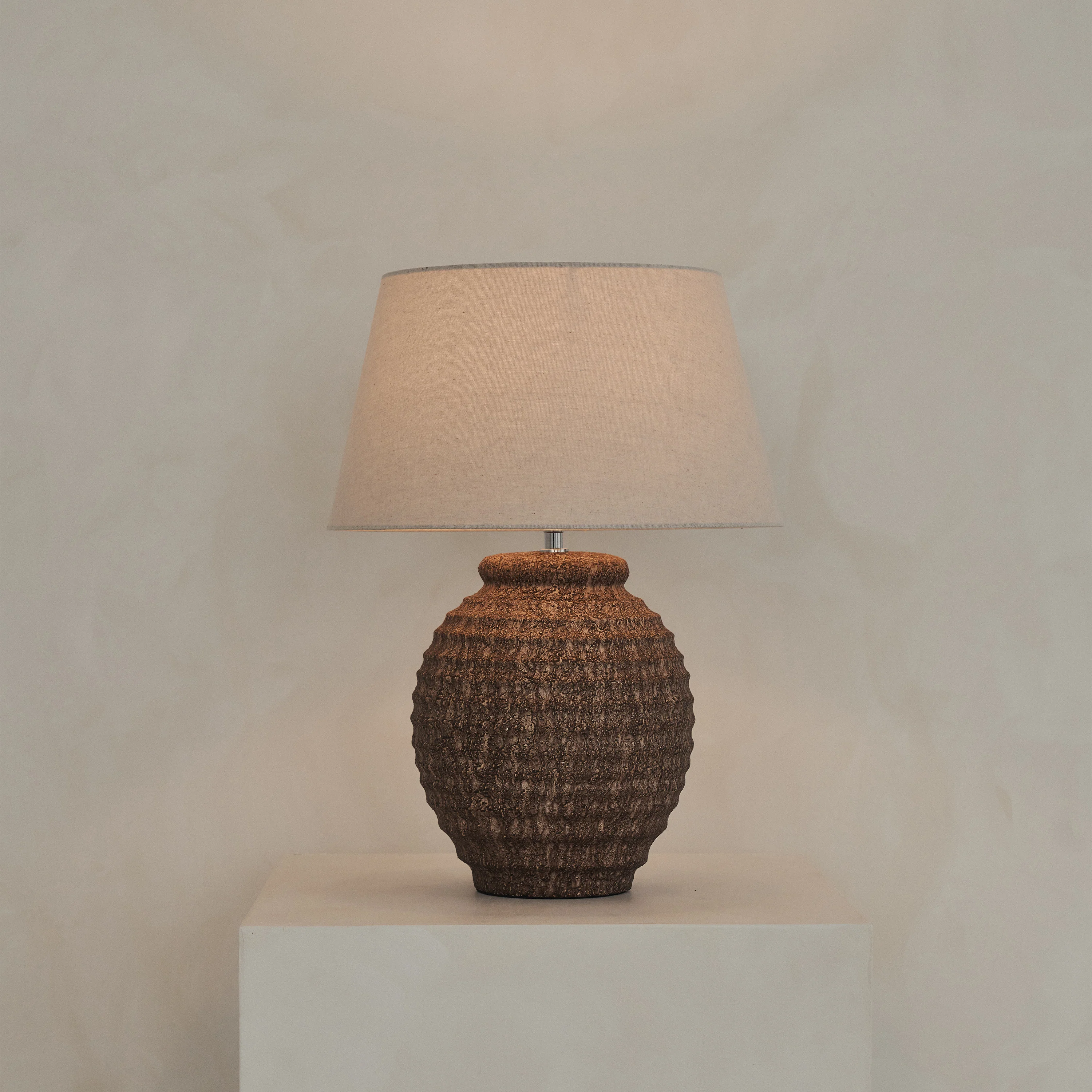 Linosa - Brown Textured Ceramic Drum Shade Table Lamp - Image 3