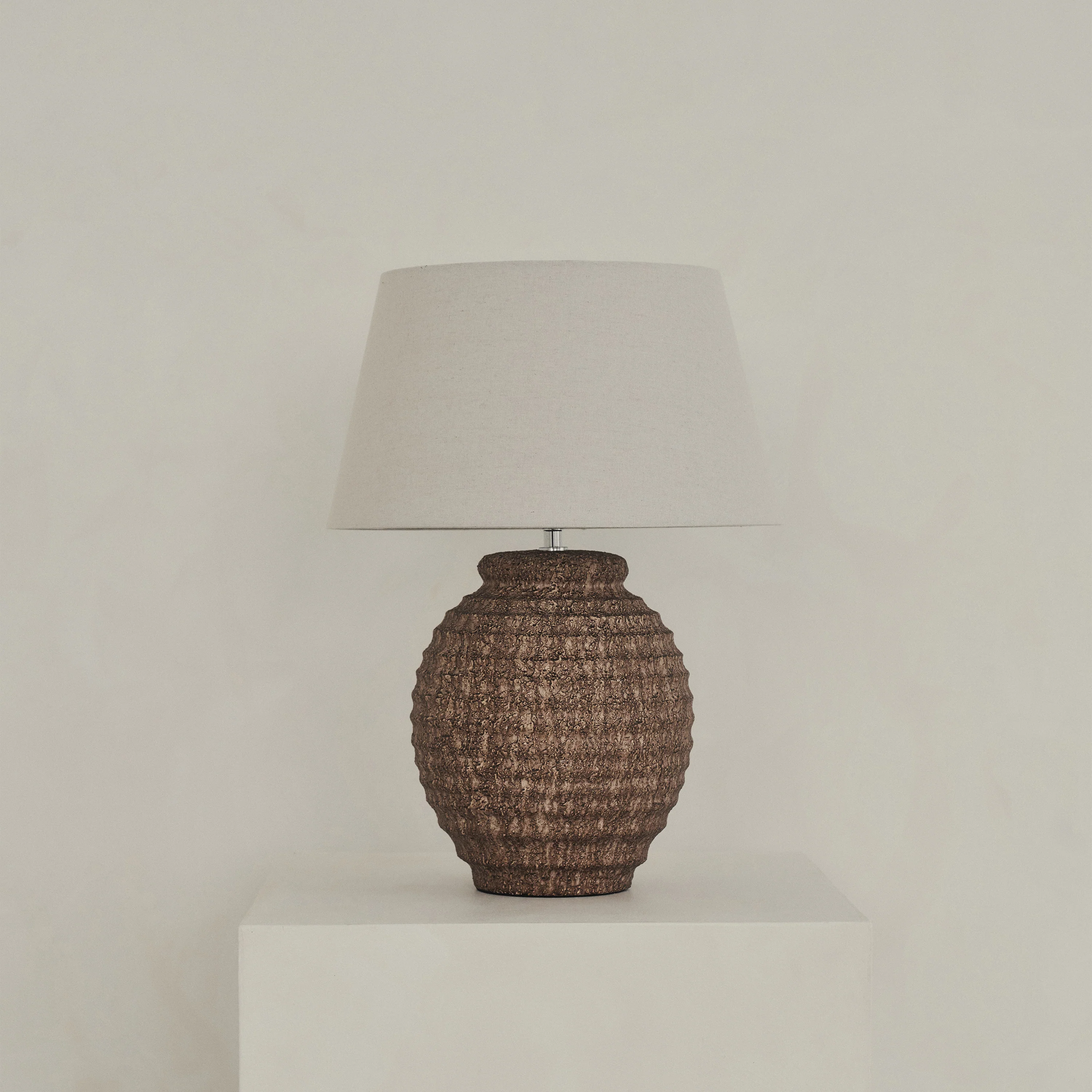 Linosa - Brown Textured Ceramic Drum Shade Table Lamp - Image 4